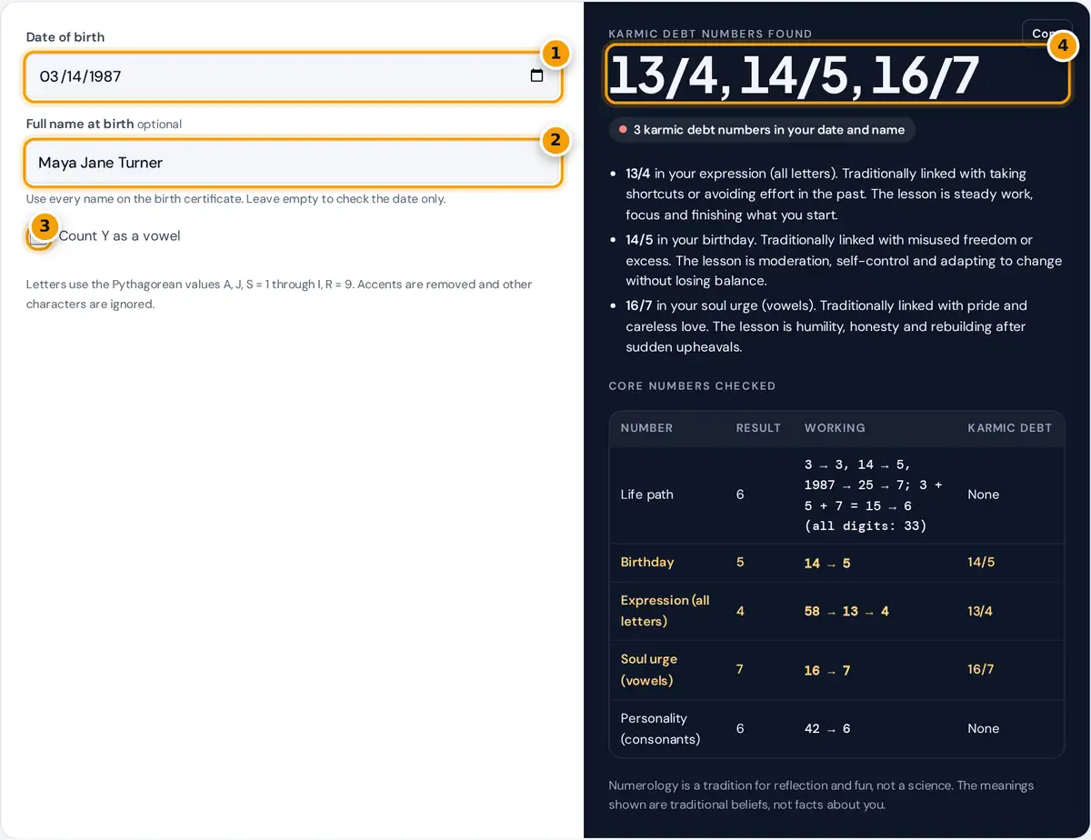 How to use the karmic debt calculator: enter birth date and name, read the karmic debt numbers