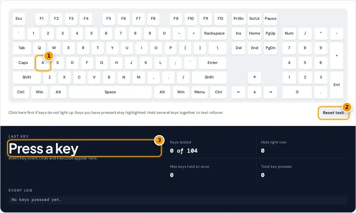 How to use the keyboard test: press each key on the on-screen layout, then read codes and rollover