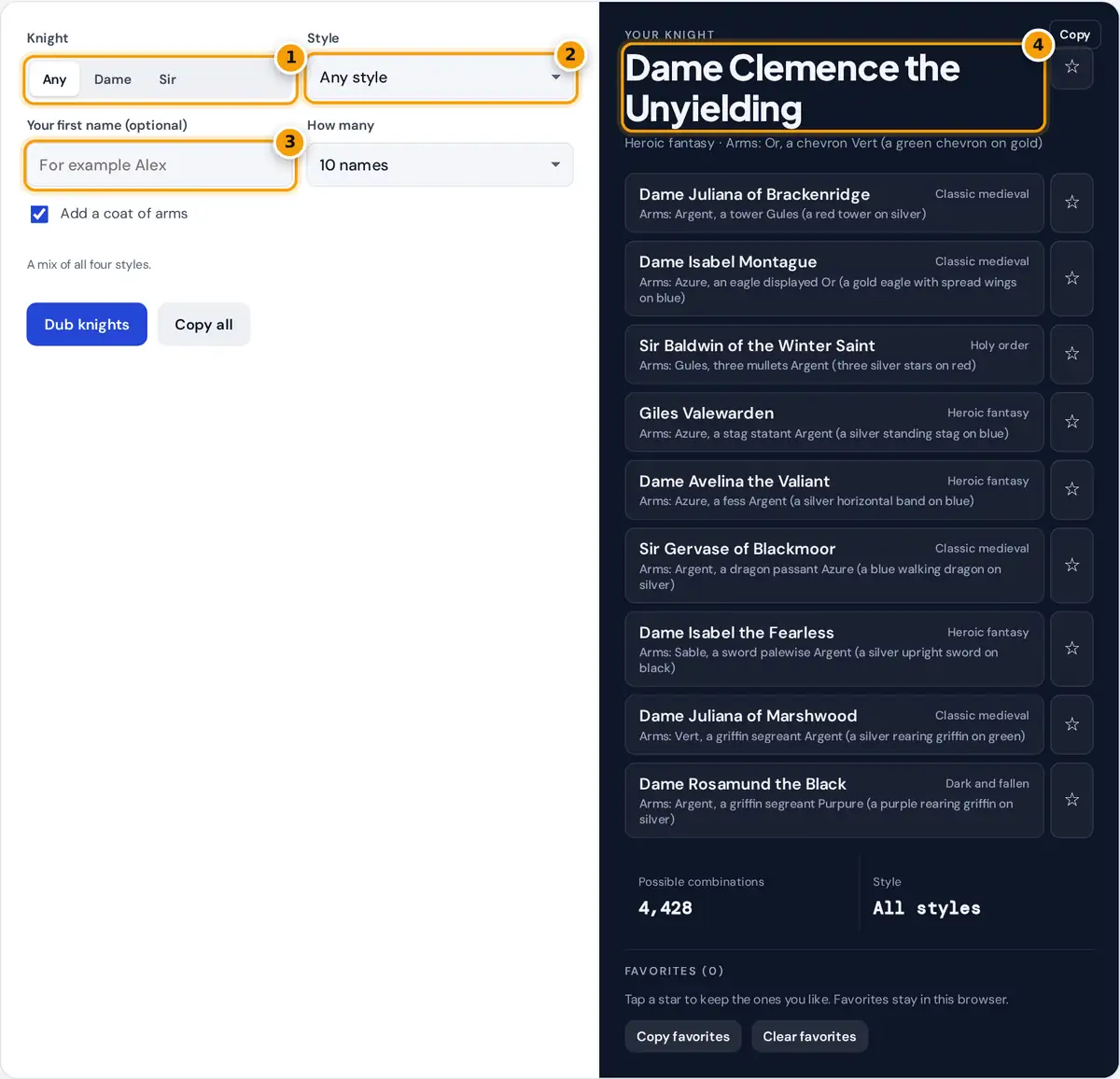 How to use the knight name generator: choose Sir or Dame and a style, then copy or save knights