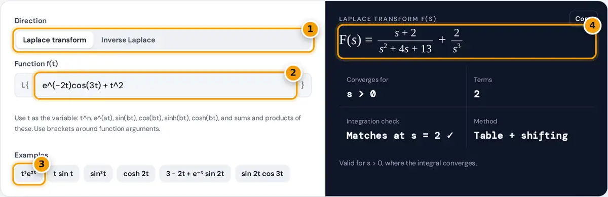 How to use the Laplace Transform Calculator: direction switch, function box, example buttons and the transform result