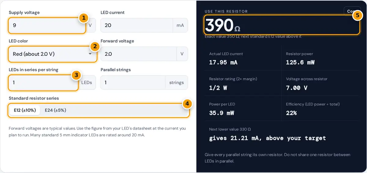 How to use the LED resistor calculator: enter supply, current and LED color, set strings, then read the resistor
