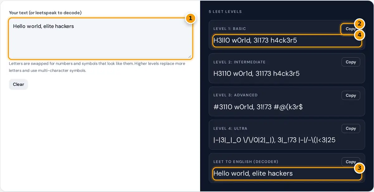 How to use the leetspeak generator: type text, copy a leet level, or paste leet to decode it