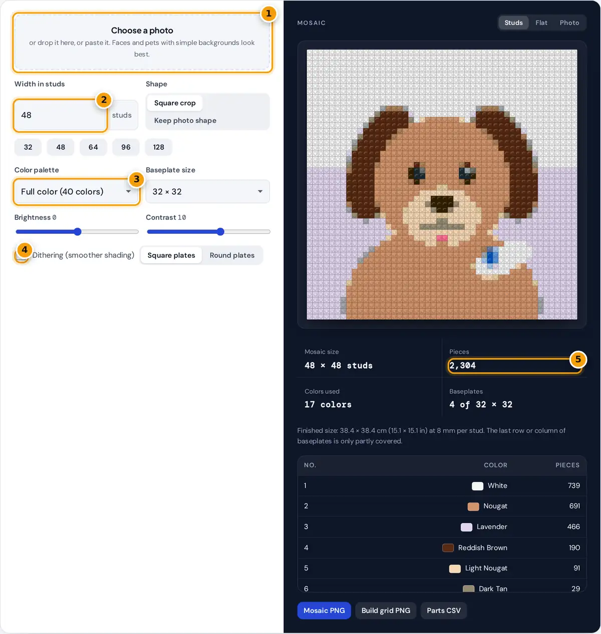 How to use the lego mosaic maker: upload a photo, set the size and palette, add dithering and download