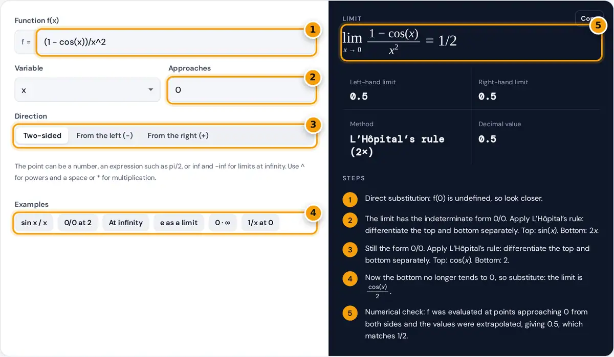 How to use the limit calculator: type a function, enter the point, choose direction, then read the limit and steps