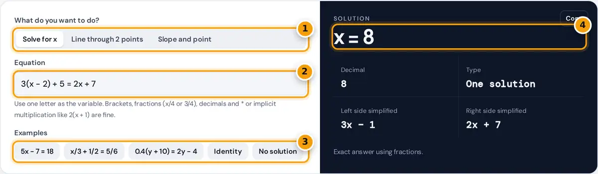 How to use the Linear Equation Calculator: mode switch, equation box, examples and solution