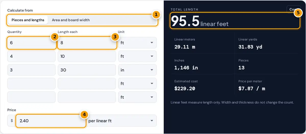 How to use the linear feet calculator: pick a mode, enter quantities and lengths, add a price, read the total