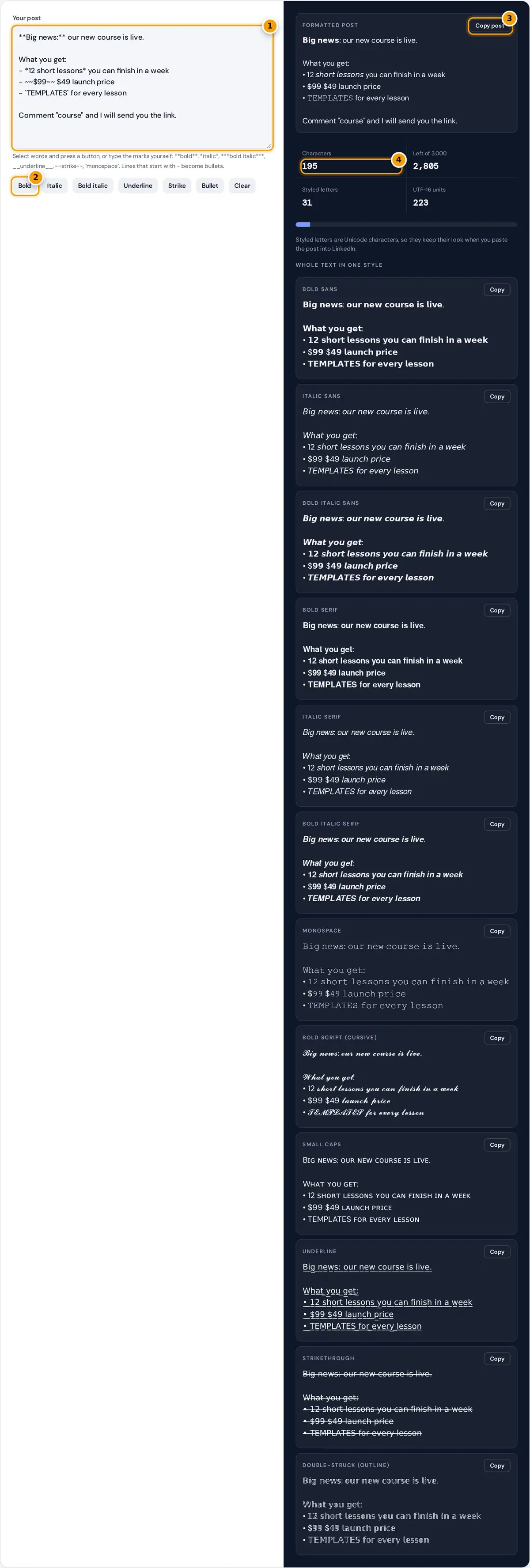 How to use the LinkedIn font generator: write the post, add bold or italic marks, copy it and check the length