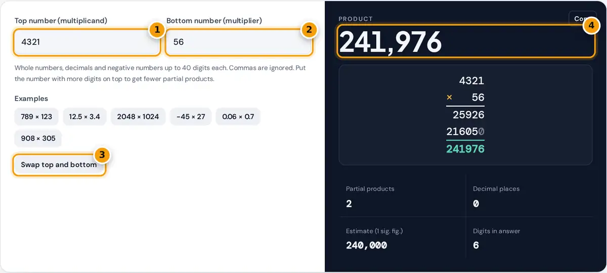 How to use the Long Multiplication Calculator: two number fields, swap button and column working