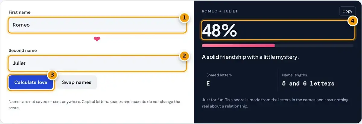 How to use the love calculator: type two names, press Calculate love and read your fun score