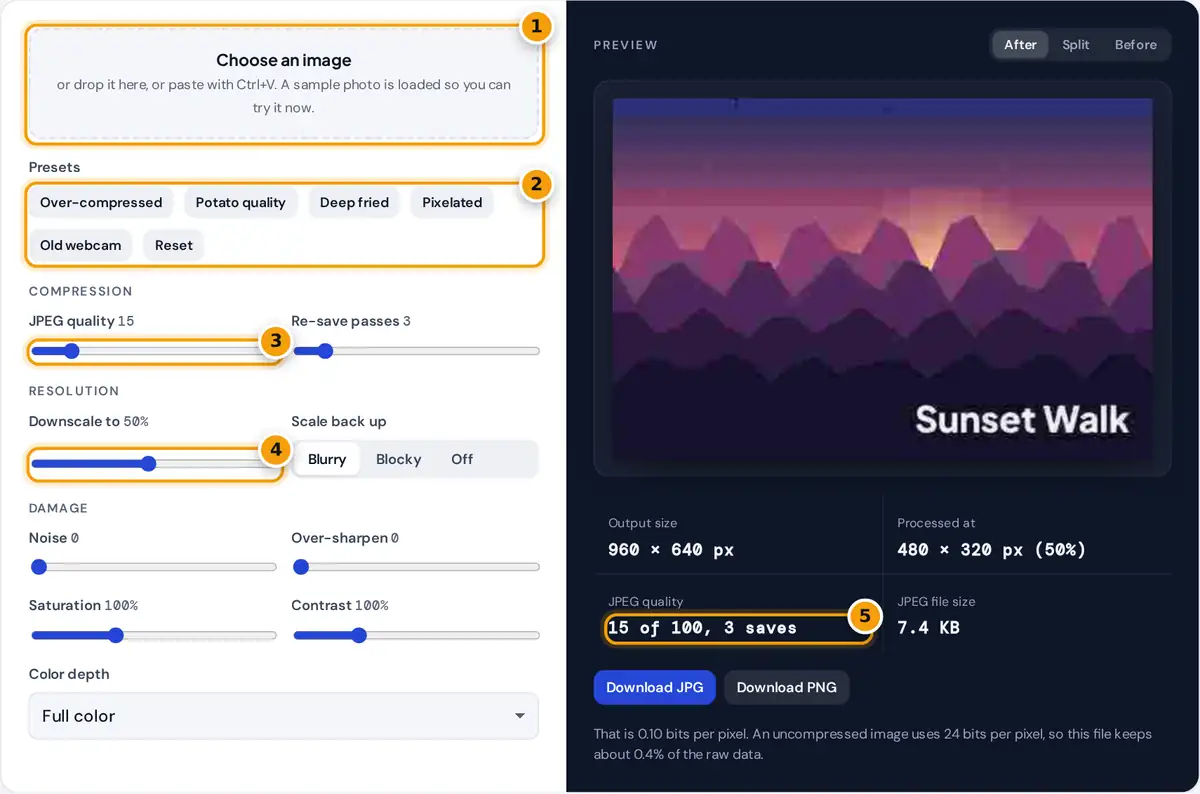 How to use the low quality image maker: load an image, pick a preset, adjust compression and download