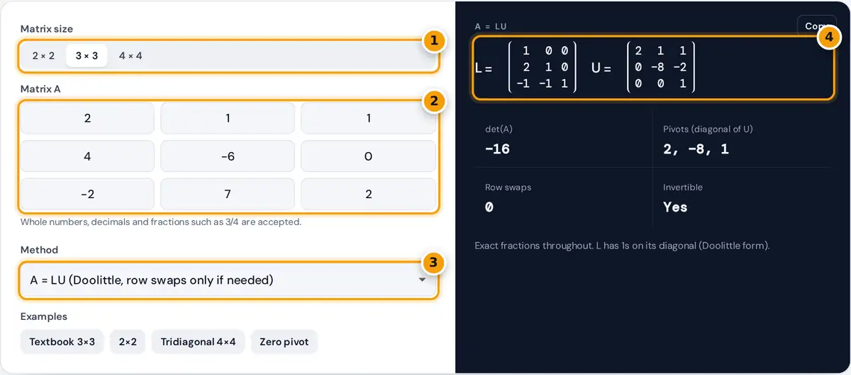 How to use the LU Factorization Calculator: size switch, matrix grid, method and L and U result