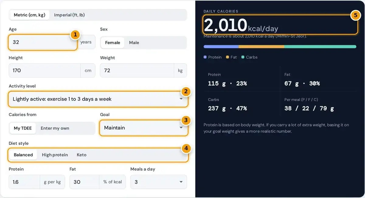 How to use the macro calculator: enter your details, pick a goal and diet style, then read your macros in grams