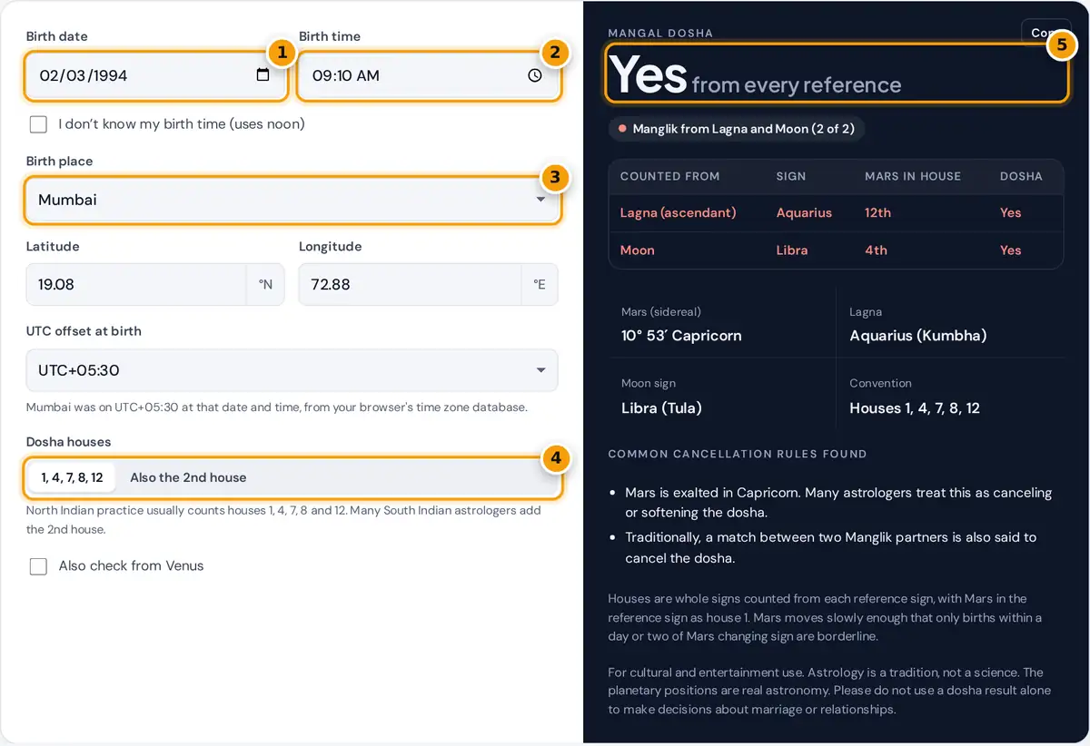 How to use the Manglik calculator: enter birth details, choose houses, read the Mangal Dosha result