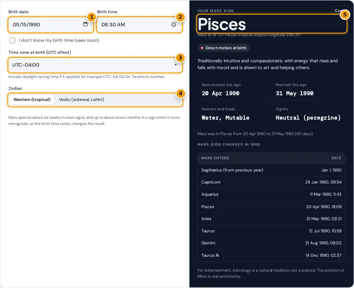 How to use the Mars sign calculator: enter birth date, time and time zone, choose a zodiac