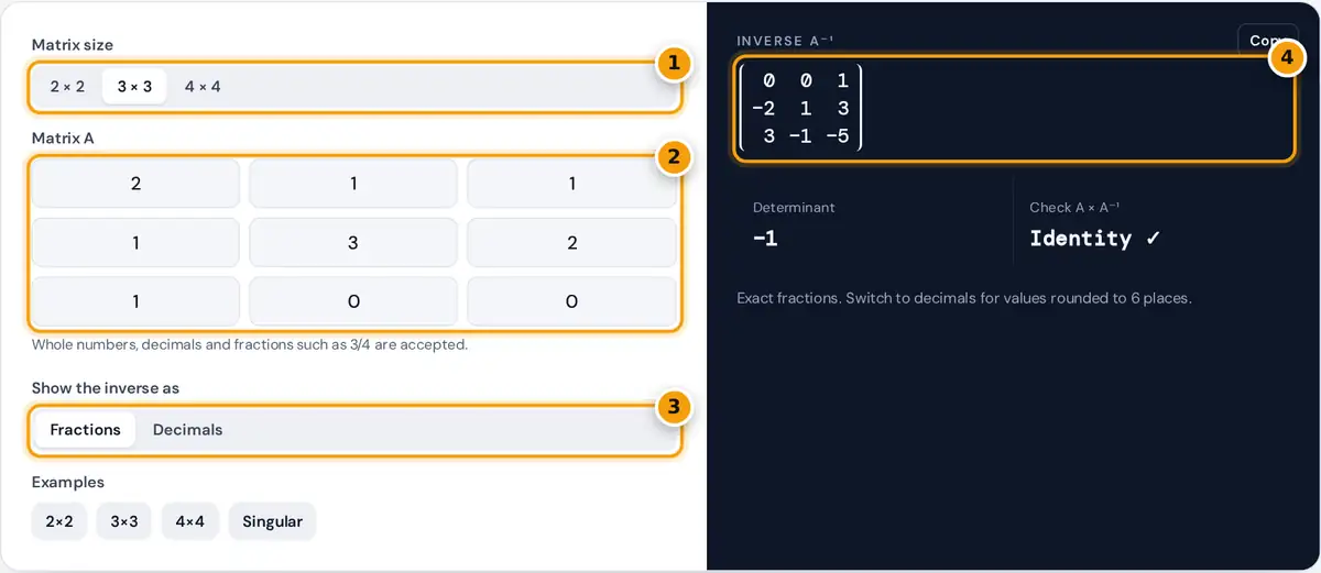 How to use the Matrix Inverse Calculator: size switch, matrix grid, format switch and inverse