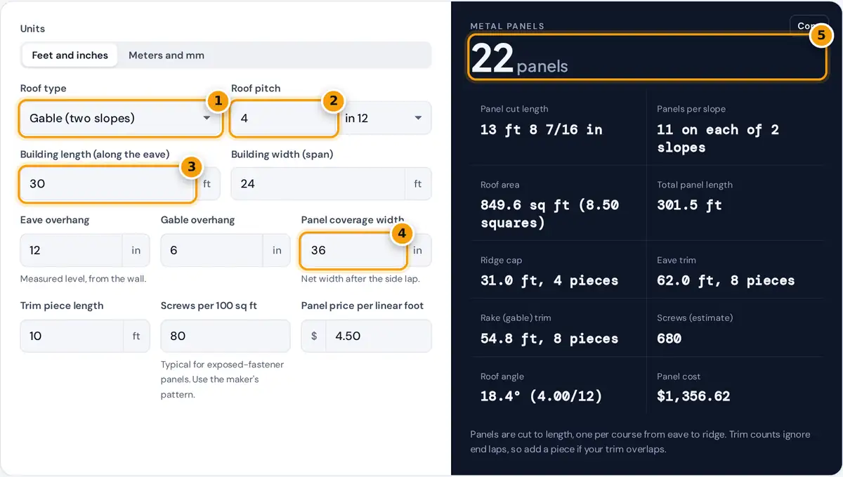 How to use the metal roof calculator: pick roof type and pitch, enter size and coverage, read panels