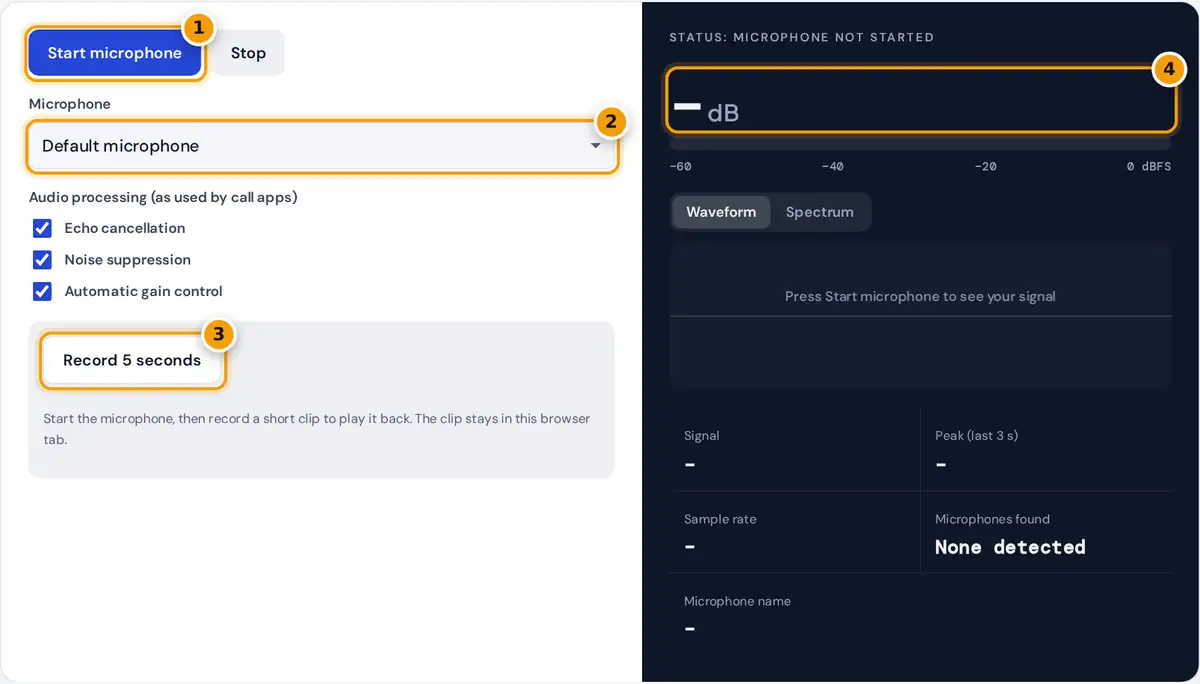 How to use the microphone test online: start the mic, choose a device, record 5 seconds, then read the dB level