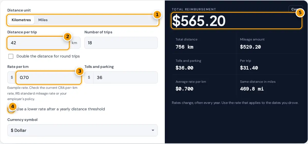 How to use the mileage reimbursement calculator: pick units, enter trips and rate, add tolls, read the claim