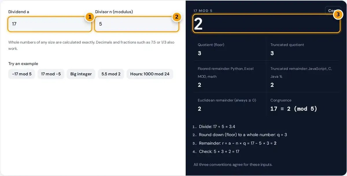 How to use the modulo calculator: enter the dividend and the divisor, then read the remainder and quotient