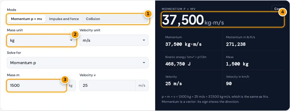 How to use the Momentum Calculator: mode switch, unit menus, mass and velocity fields and result