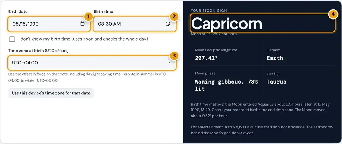 How to use the Moon sign calculator: enter birth date, time and time zone, then read your Moon sign