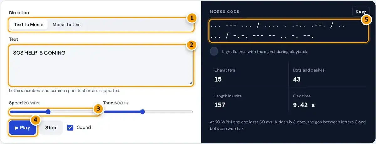 How to use the Morse code decoder: pick direction, enter text, set WPM speed, play audio and copy the result