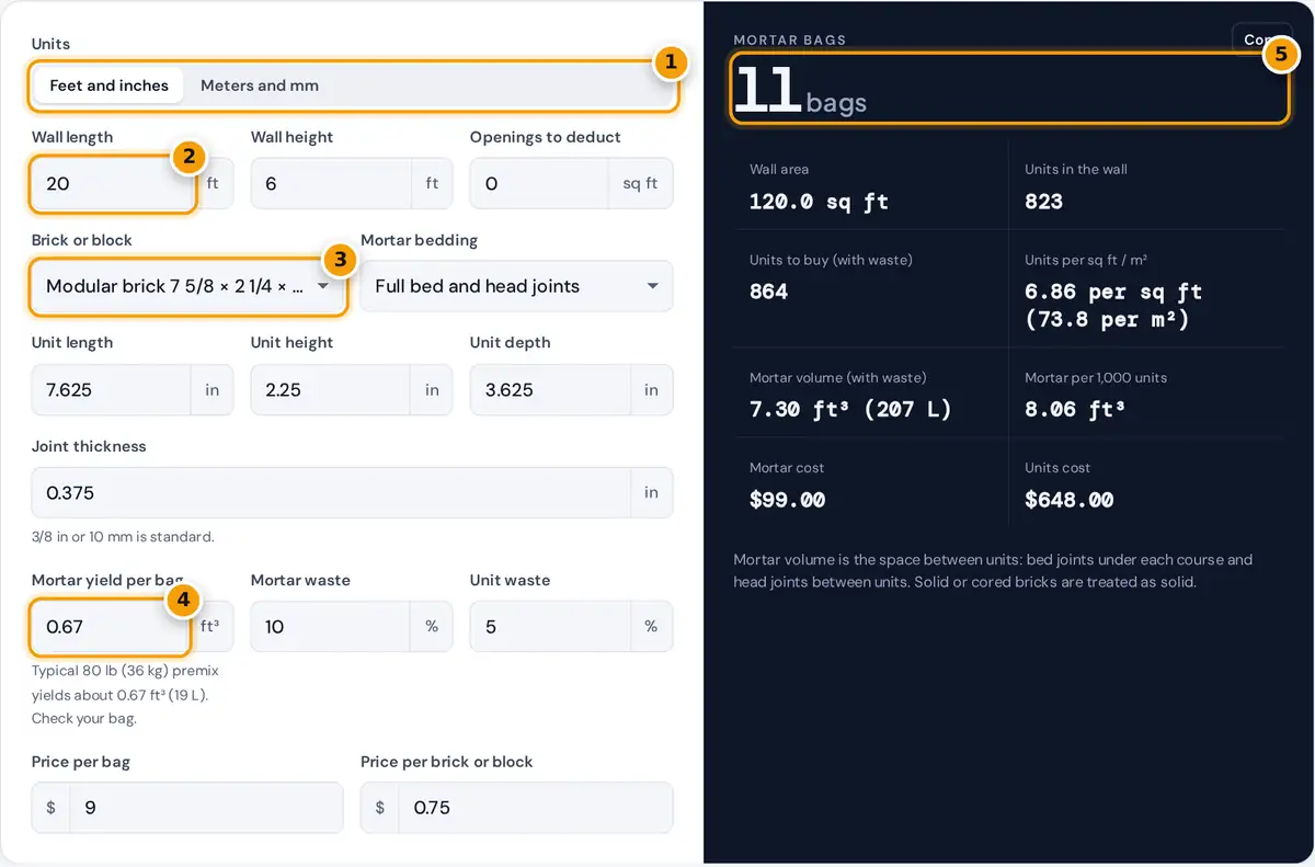 How to use the mortar calculator: choose units, enter wall size, pick brick or block, set bag yield, read bags