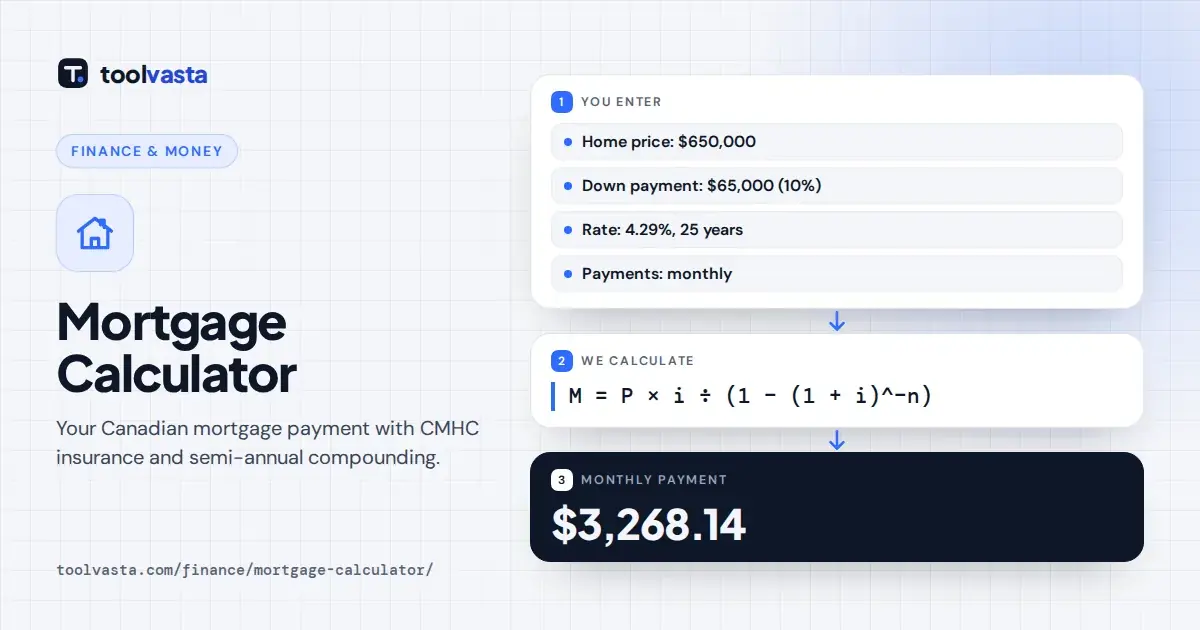 Mortgage calculator Canada diagram: $650,000 home, 10% down, 4.29% over 25 years gives a $3,268.14 monthly payment
