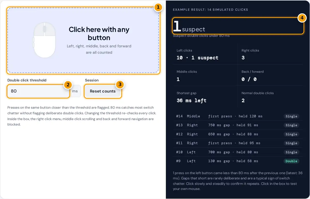 How to use the mouse double click test: click each button, set the ms threshold, then read suspect clicks