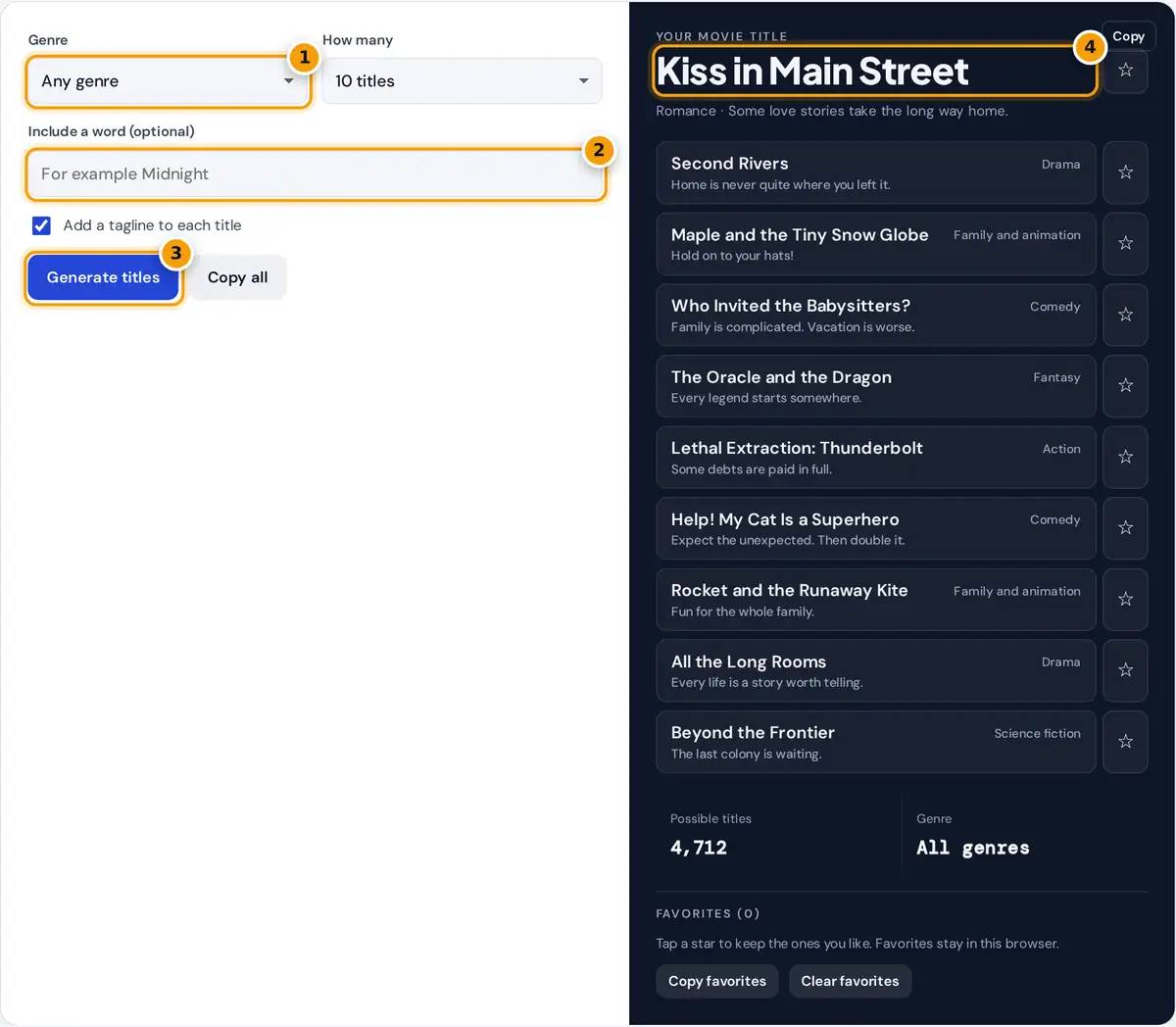 How to use the movie title generator: pick a genre, add a word, generate and save titles