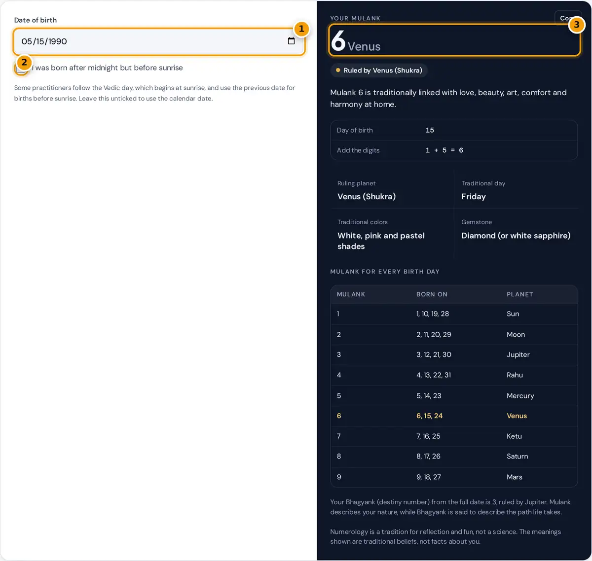 How to use the Mulank calculator: enter your birth date and read your root number and planet