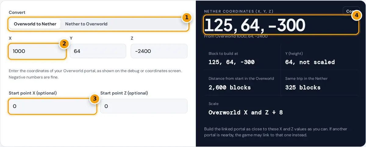 How to use the nether portal calculator: choose a direction, enter portal coordinates, then read the matching spot