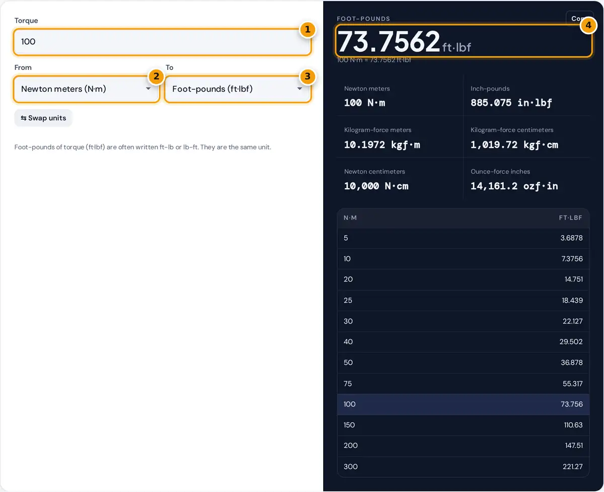 How to use the Nm to ft-lb converter: enter torque, choose from and to units, read the converted value