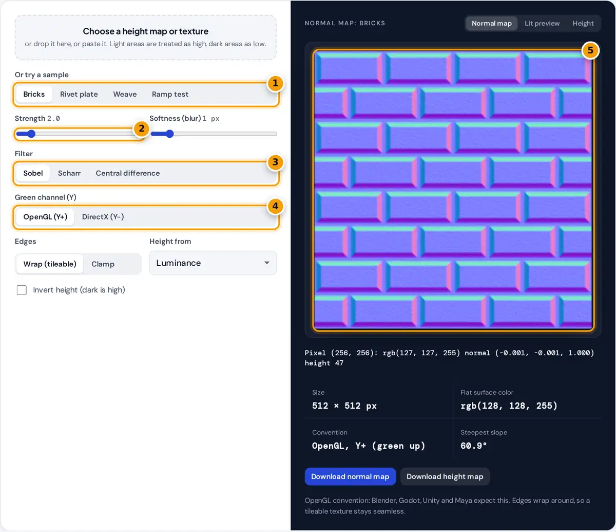 How to use the normal map generator: load a texture, set strength, choose filter and convention, download