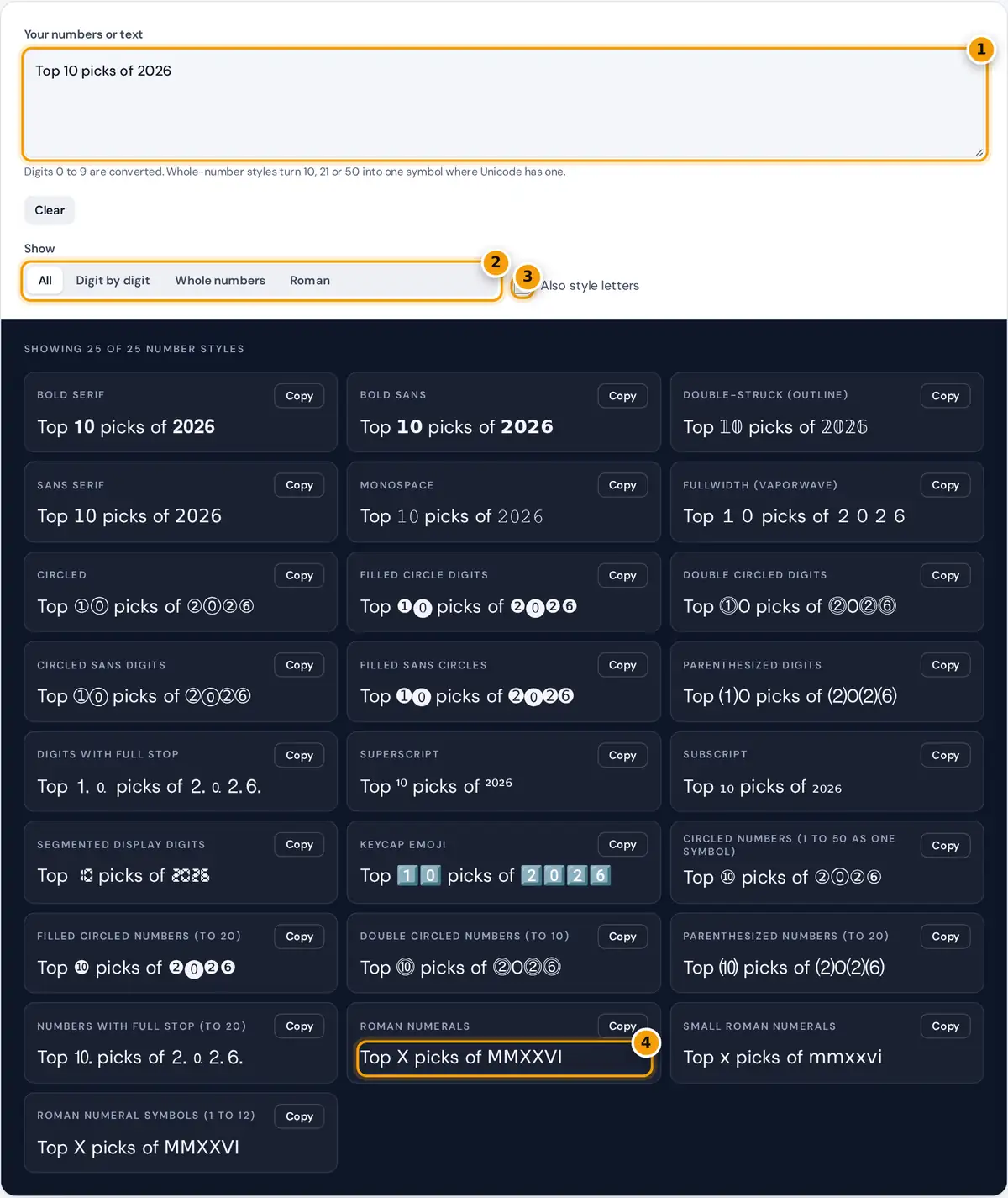 How to use the number font generator: type numbers, filter style groups, choose letters option and copy