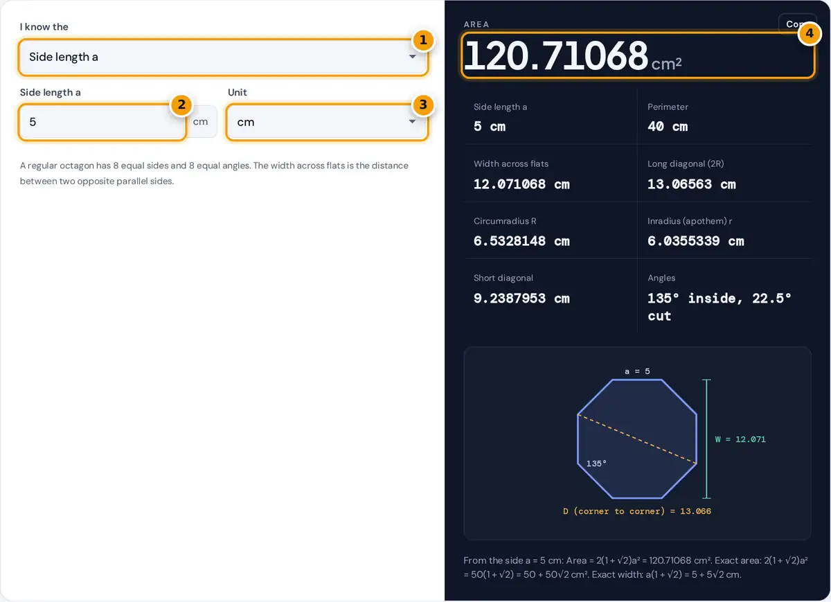 How to use the Octagon Calculator: known measurement menu, value, unit and the area result