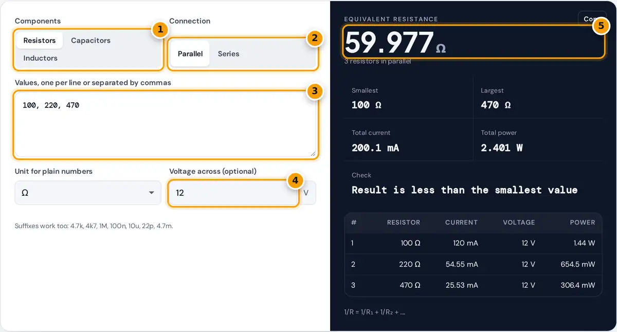 How to use the parallel circuit calculator: choose components and connection, enter values, read the equivalent