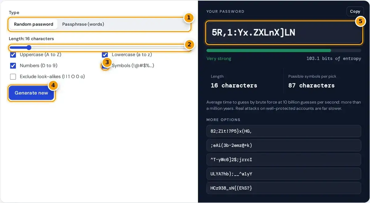 How to use the free password generator: pick password or passphrase, set length and types, then copy