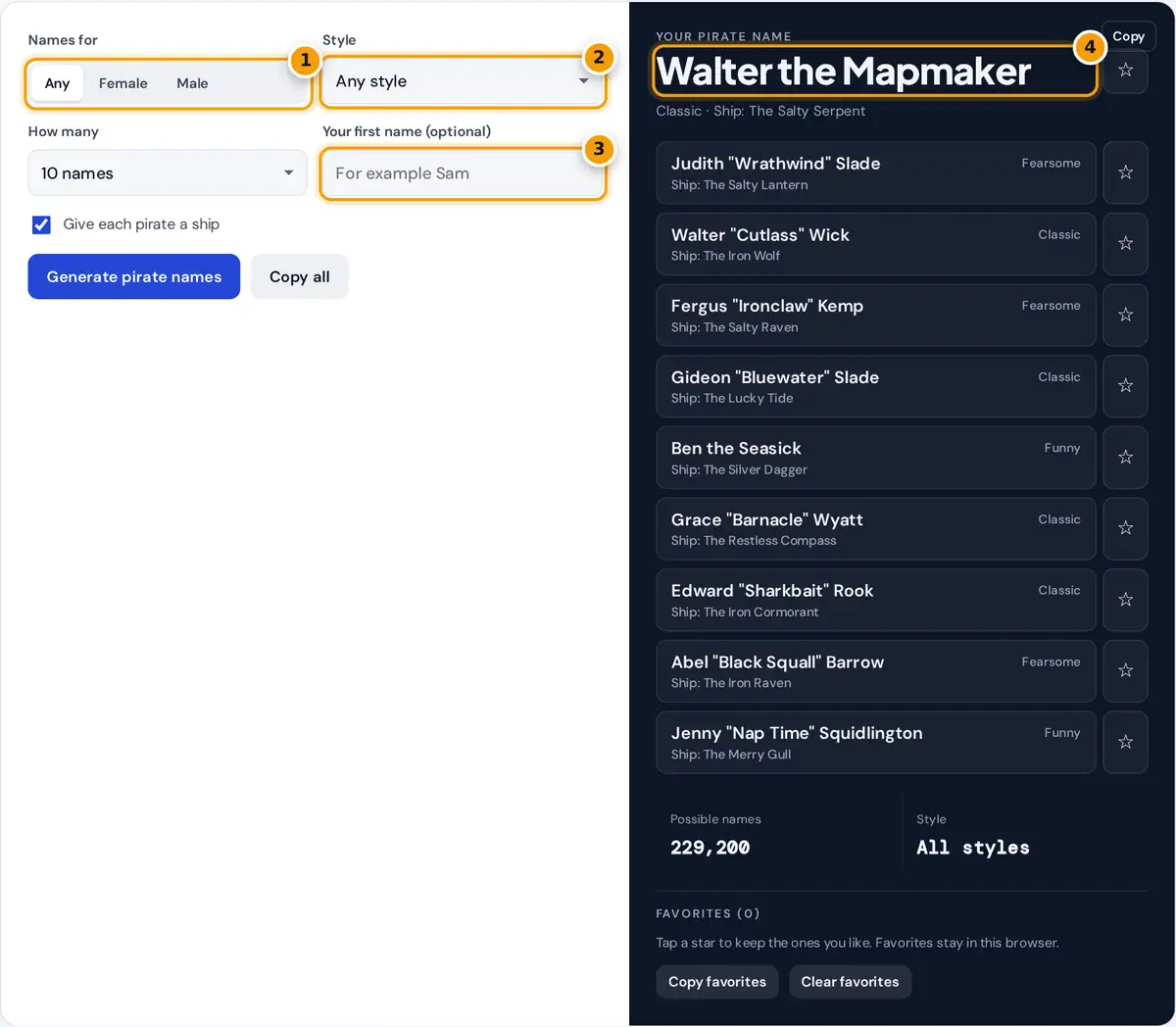 How to use the pirate name generator: pick gender and style, add your name, then copy or save a name
