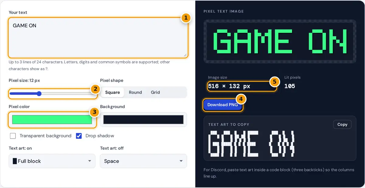 How to use the pixel text generator: type text, set pixel size and colors, download the PNG, copy text art