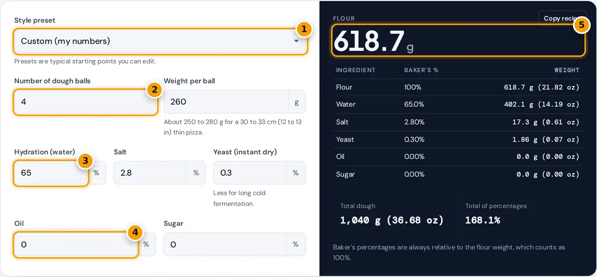 How to use the pizza dough calculator: pick a style, enter balls and weight, set percentages, read grams