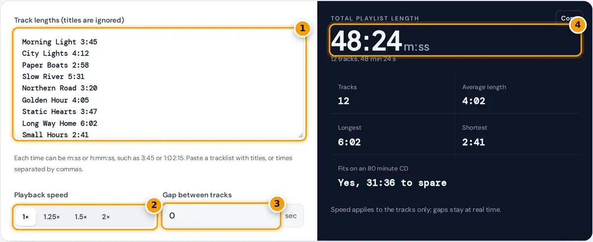 How to use the playlist length calculator: paste track times, choose a speed and gap, then read the total length