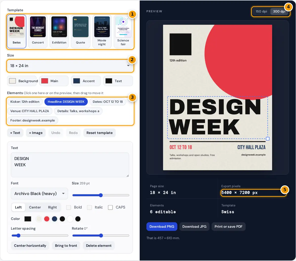 How to use the poster maker: choose a template and size, edit elements, set dpi and download
