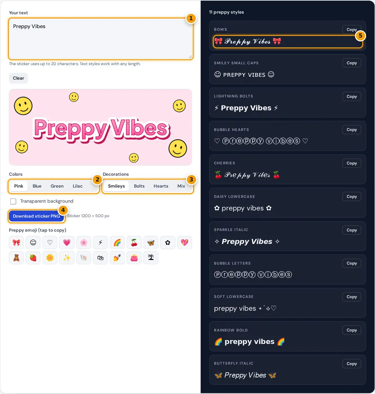 How to use the Preppy Font Generator: type text, choose colors and decorations, download the sticker or copy text