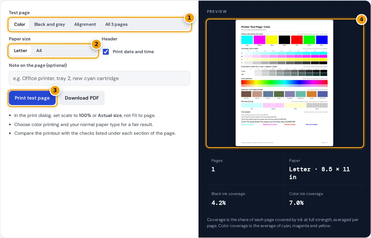 How to use the printer test page: choose color, black or alignment page, pick Letter or A4, then print