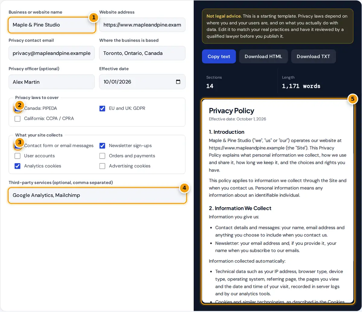 How to use the privacy policy generator: enter business details, tick laws and data collected, then copy the policy