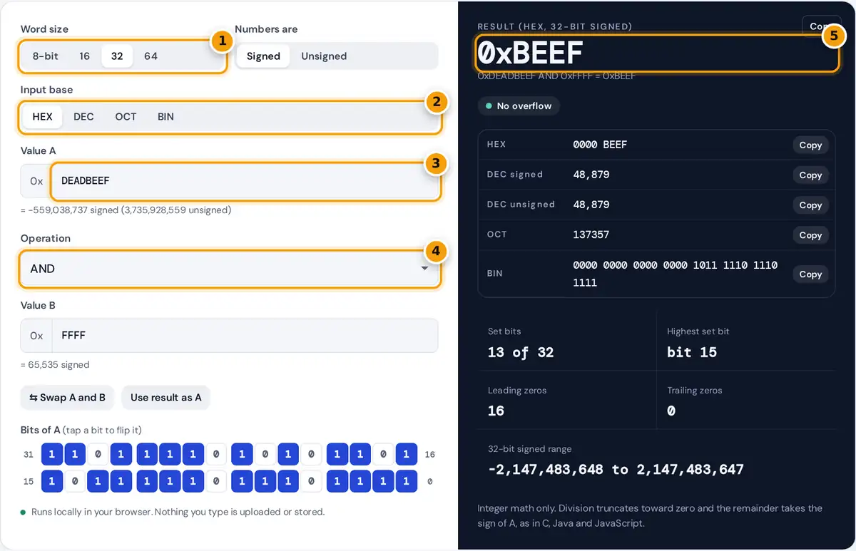 How to use the programmer calculator: set word size and base, enter A, choose an operation and read the result in all bases