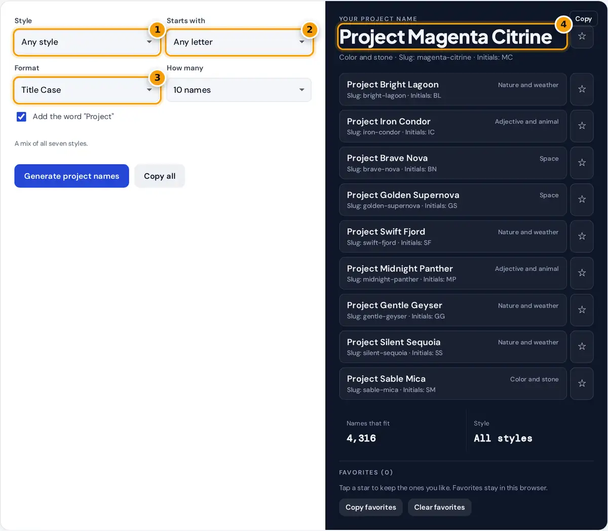 How to use the project name generator: pick a style, letter and format, then copy or save code names