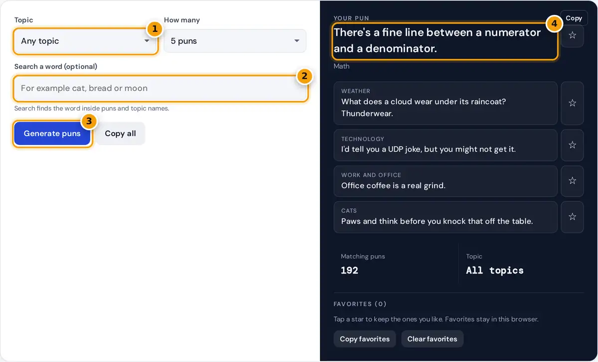 How to use the pun generator: pick a topic or search a word, then copy or save puns