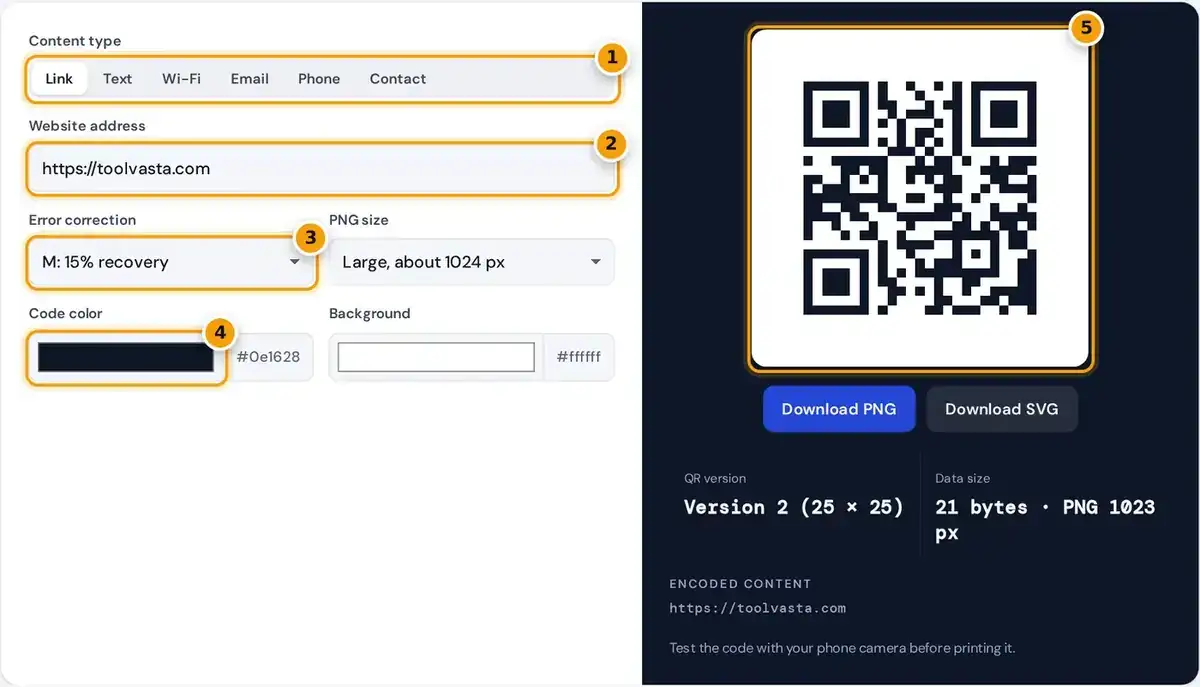 How to use the free QR code generator: pick a type, enter content, set error correction and download